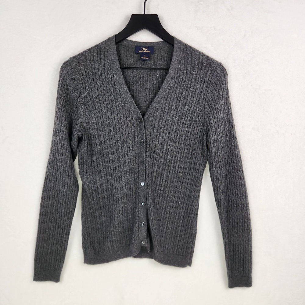 Brooks Brothers 346 Gray Silk Cashmere Cable Knit V-Neck Cardigan Sweater Small